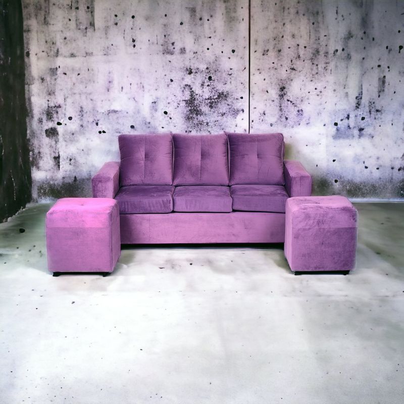 MUEBLES AMERICA - Living Emilia Sofá 3 Cuerpos 2 Pouf Tela  Felpa Lila
