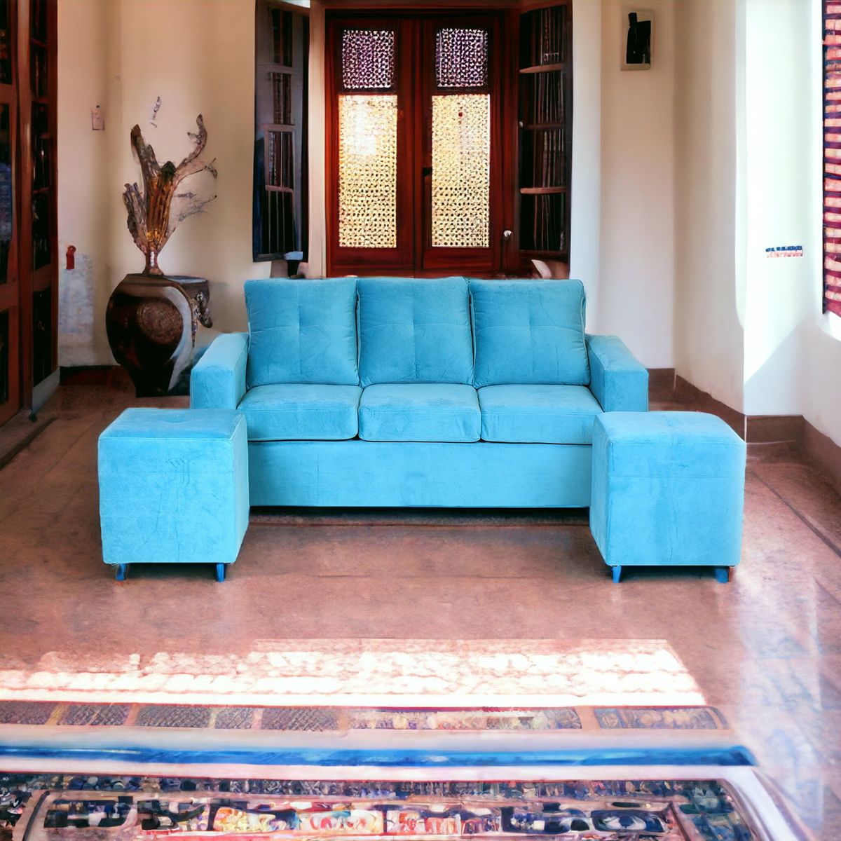 MUEBLES AMERICA - Living Emilia Sofá 3 Cuerpos 2 Pouf Tela Felpa Turquesa