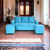 Living Emilia Sofá 3 Cuerpos 2 Pouf Tela Felpa Turquesa