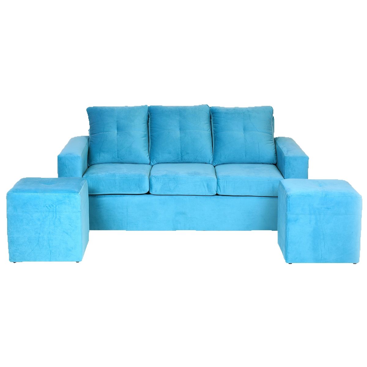MUEBLES AMERICA - Living Emilia Sofá 3 Cuerpos 2 Pouf Tela Felpa Turquesa