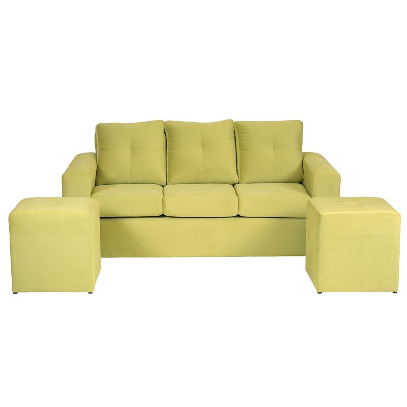 MUEBLES AMERICA - Living Emilia Sofá 3 Cuerpos 2 Pouf Tela Felpa Pistacho