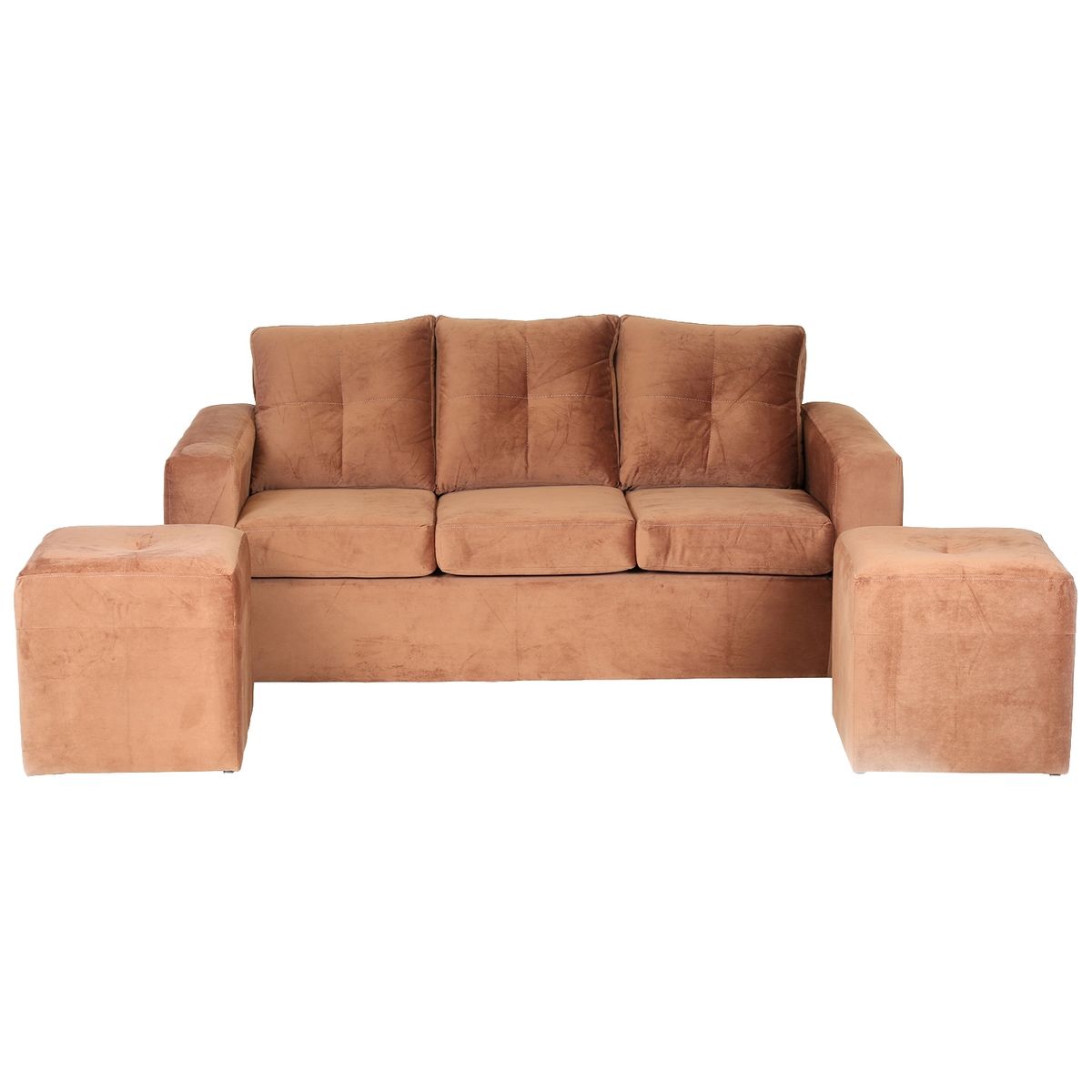 MUEBLES AMERICA - Living Emilia Sofá 3 Cuerpos 2 Pouf Tela Felpa Tostado