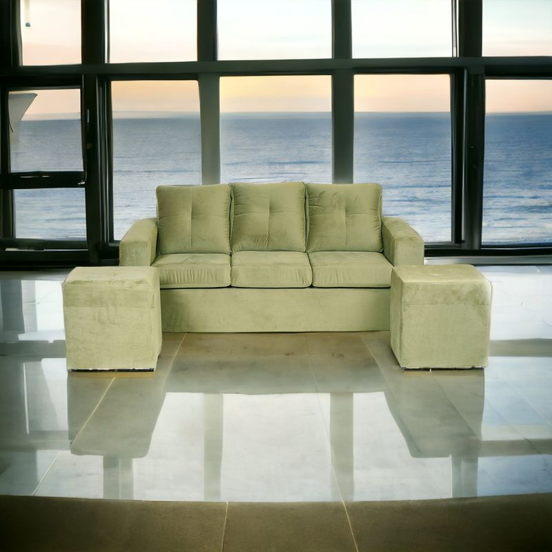 MUEBLES AMERICA - Living Emilia Sofá 3 Cuerpos 2 Pouf Tela Felpa Verde Musgo