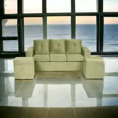 MUEBLES AMERICA - Living Emilia Sofá 3 Cuerpos 2 Pouf Tela Felpa Verde Musgo