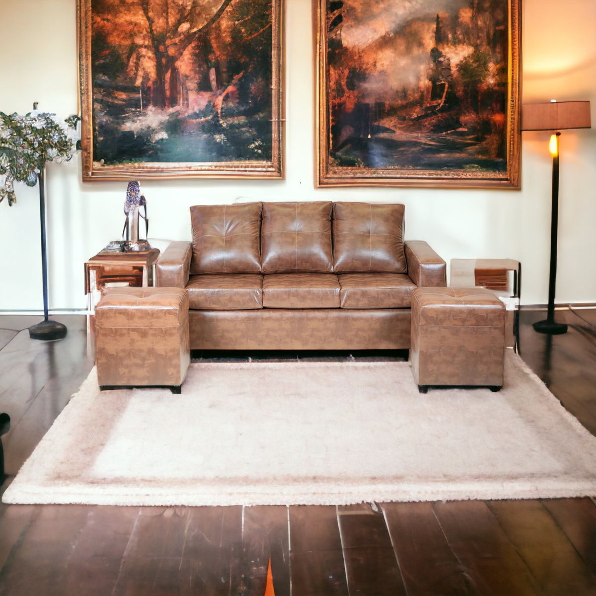 MUEBLES AMERICA - Living Emilia Sofá 3 Cuerpos 2 Pouf Pu Caramelo