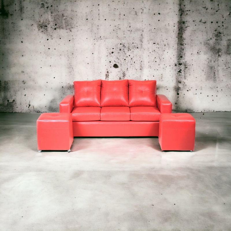 MUEBLES AMERICA - Living Emilia Sofá 3 Cuerpos 2 Pouf Pu Rojo