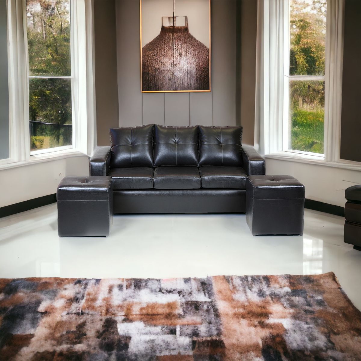 MUEBLES AMERICA - Living Emilia Sofá 3 Cuerpos 2 Pouf Pu Negro