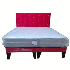 GENERICO - Cama Europea 2 Plazas Respaldo Rojo Felpa Diamante Colchón Resorte