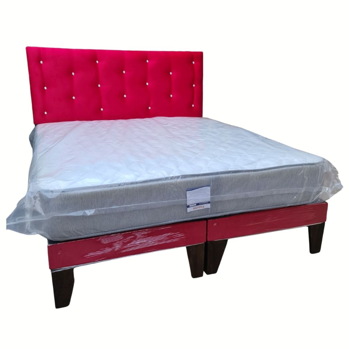 GENERICO - Cama Europea 2 Plazas Respaldo Rojo Felpa Diamante Colchón Resorte