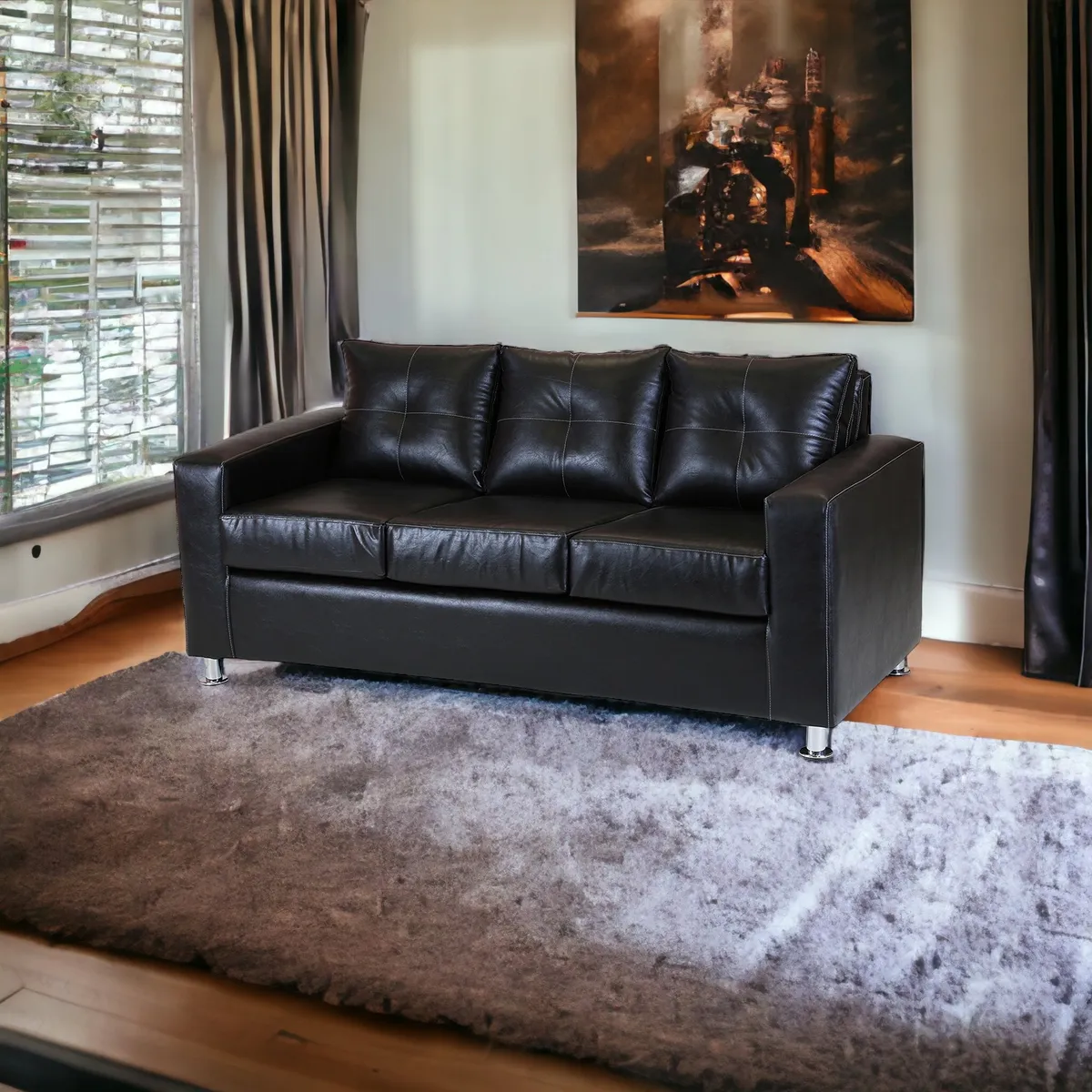 MUEBLES AMERICA - Sofá George 3 Cuerpos Cuero Sintético Negro