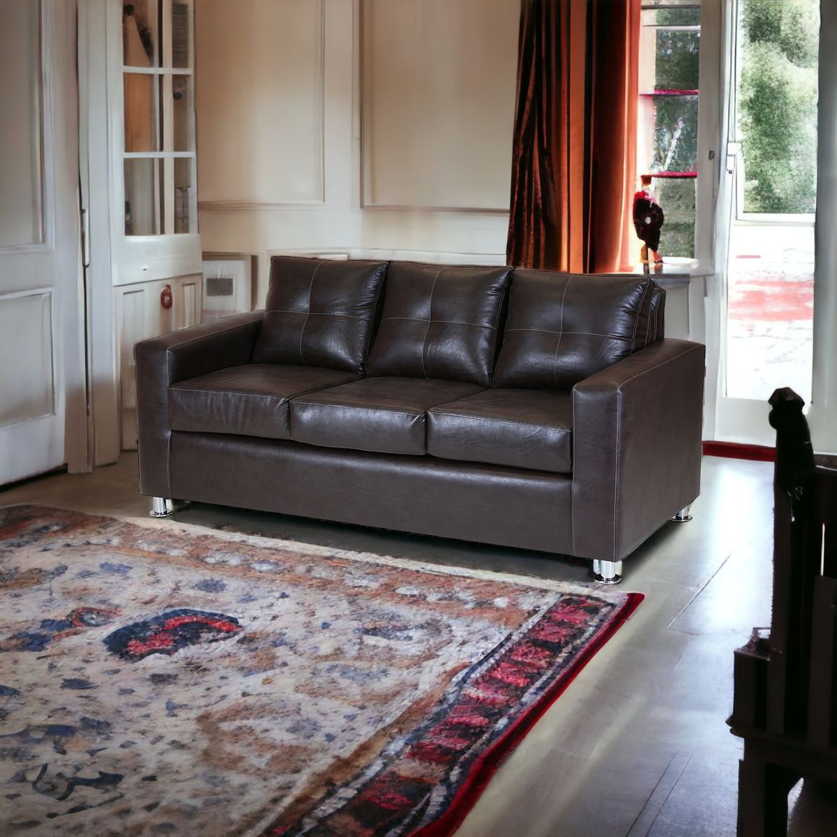 MUEBLES AMERICA - Sofá George 3 Cuerpos Cuero Sintético Café Moro.