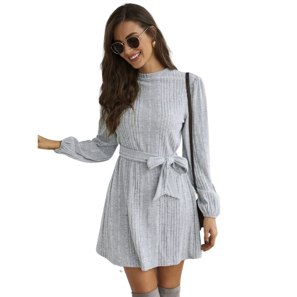 GENERICO - VESTIDO CUELLO REDONDO MANGA LARGA OTOÑO INVIERNO CON TIRA MODELO I029
