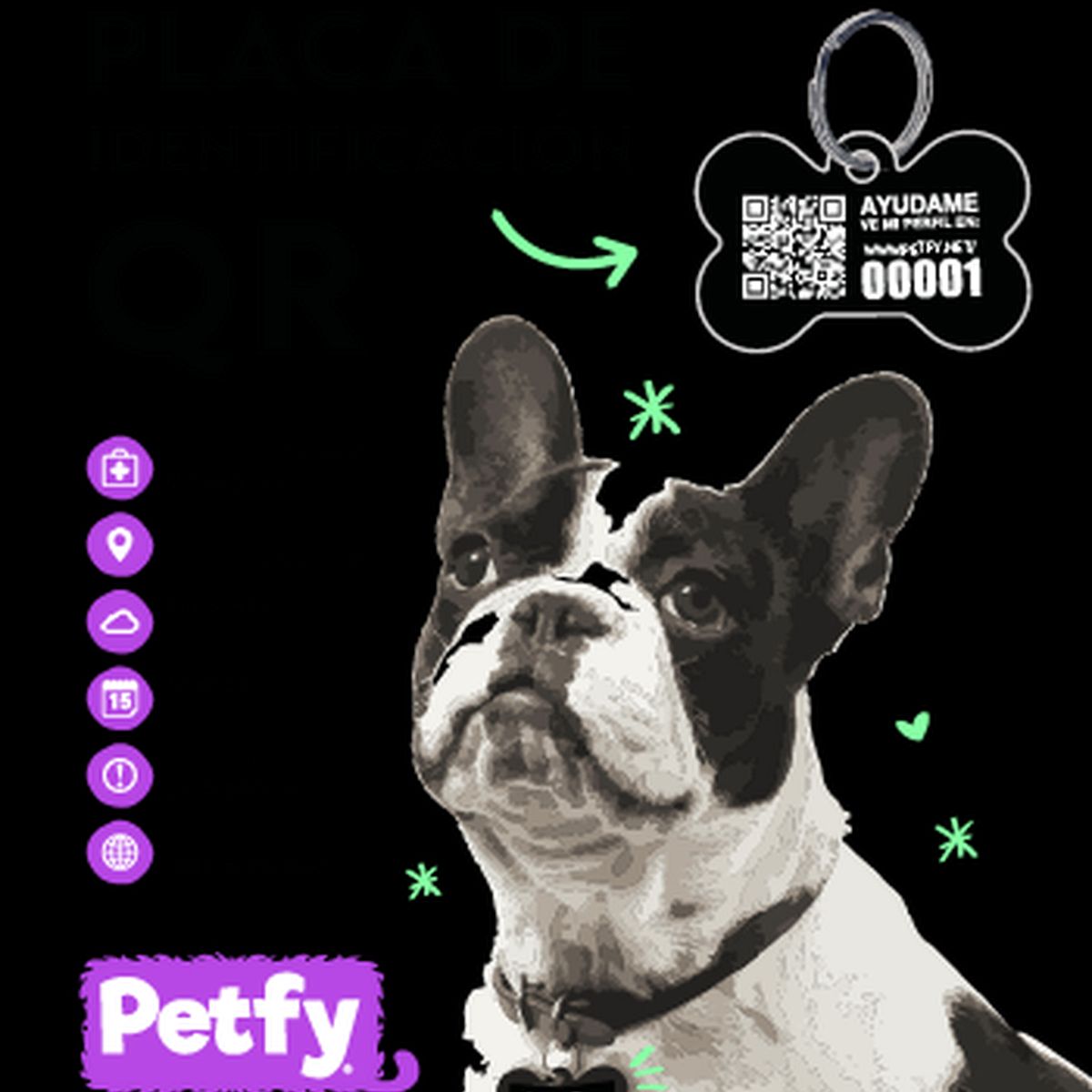 PETFY - Placa Petfy ID Hueso Negro