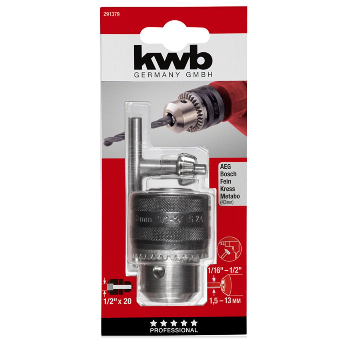 KWB - Chuck Mandril De Taladro 13 Mm + Llave Kwb 291379