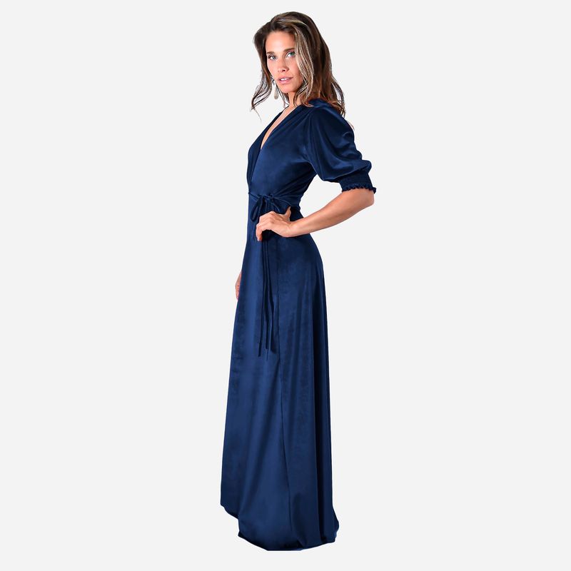 MARIA PASKARO - Vestido Largo Sevilla Azul Marino Terciopelo Mangas Maria Paskaro
