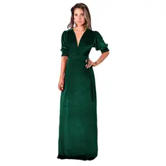 MARIA PASKARO - Vestido Largo Sevilla Verde Botella Terciopelo Mangas - Verde Veronés