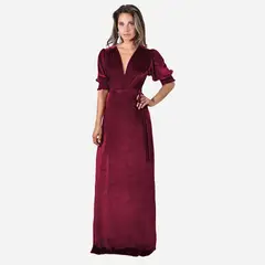 MARIA PASKARO - Vestido Largo Sevilla Burdeo Terciopelo Mangas - Burdeos