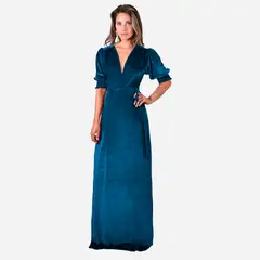 MARIA PASKARO - Vestido Largo Sevilla Petroleo Terciopelo Manga Globo