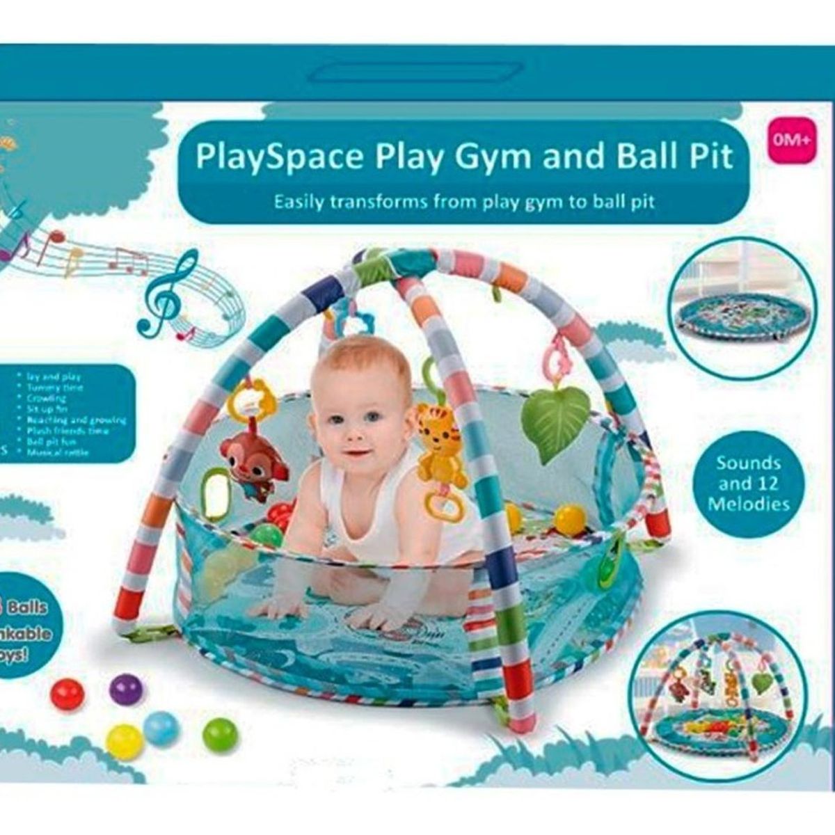 GLOBAL - Gimnasio Bebe 3 En 1 Alfombra + Piscina Pelotas - Azul