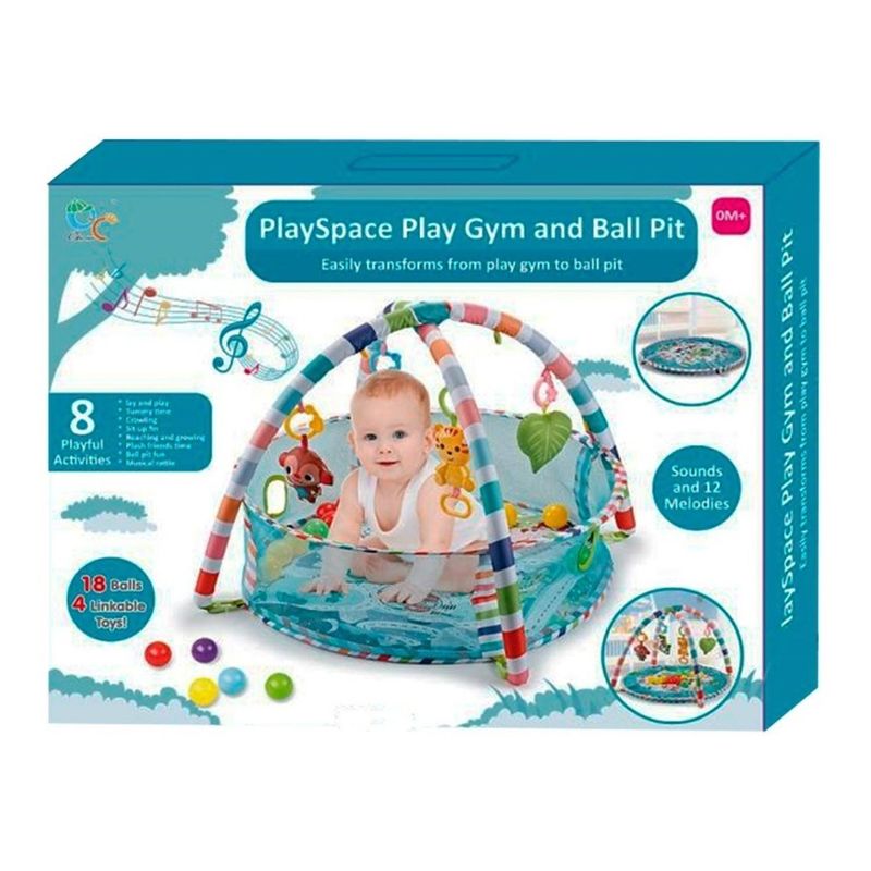GLOBAL - Gimnasio Bebe 3 En 1 Alfombra + Piscina Pelotas - Azul