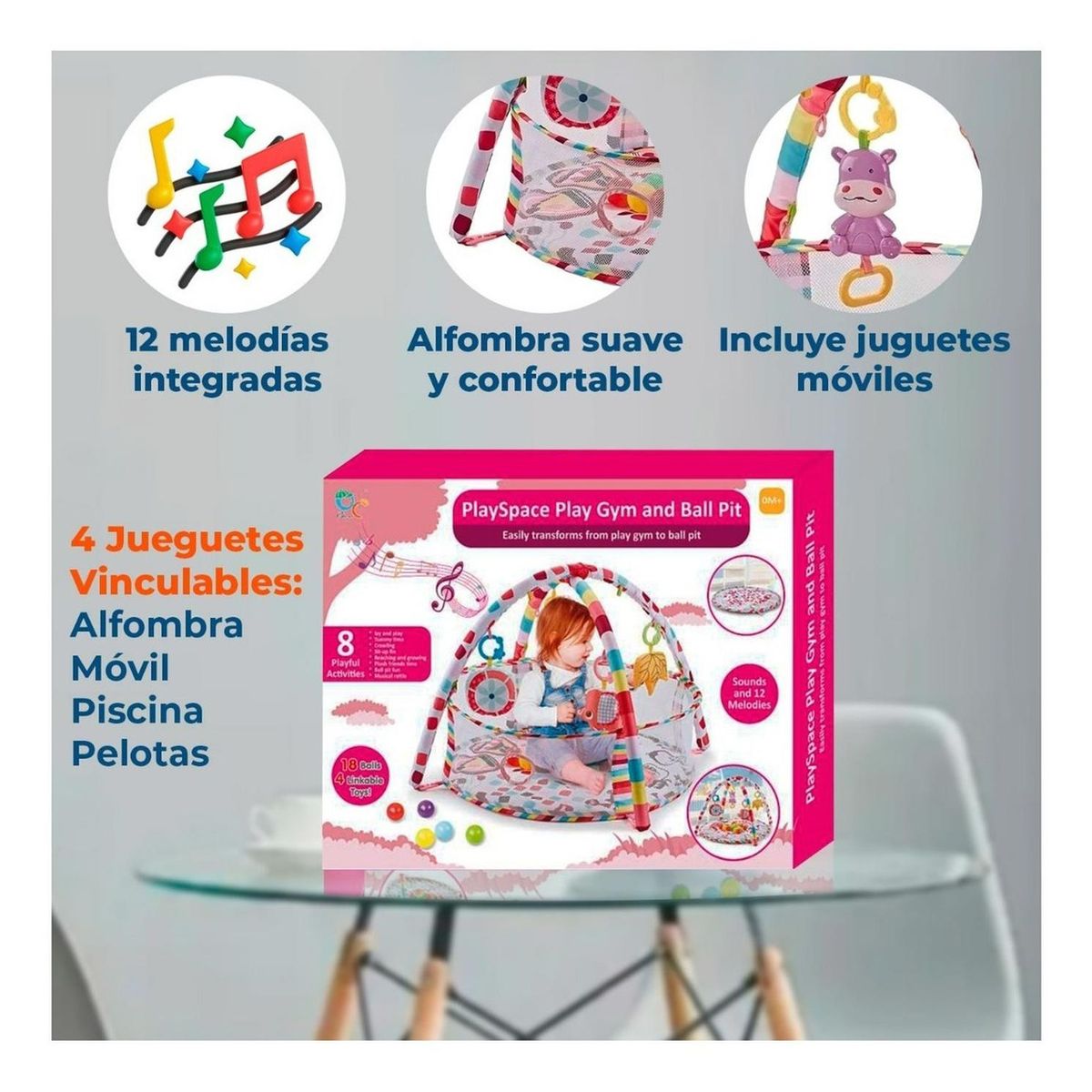 GLOBAL - Gimnasio Bebe 3 En 1 Alfombra + Piscina Pelotas - Azul