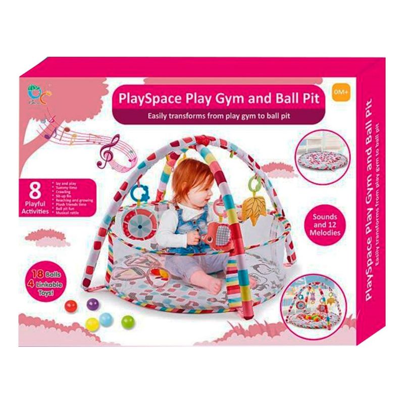 GLOBAL - Gimnasio Bebe 3 En 1 Alfombra + Piscina Pelotas - Rosa