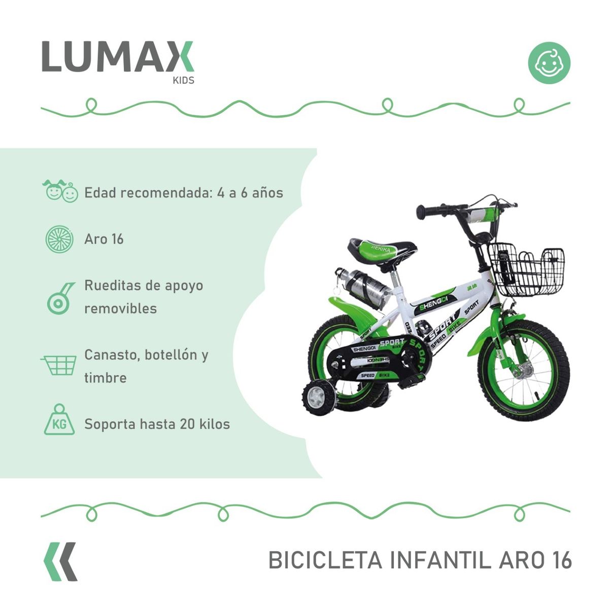 LUMAX - Bicicleta Infantil Lumax Aro 16 Verde Con Rueditas