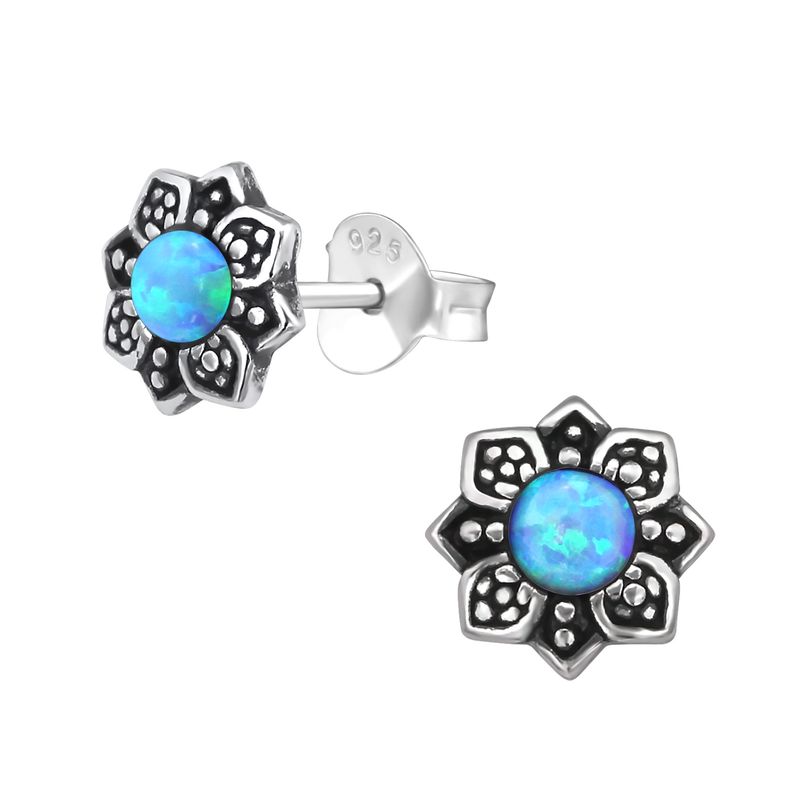 GENERICO - Aros de Flor con ópalo azul Plata 925 para mujer y niña