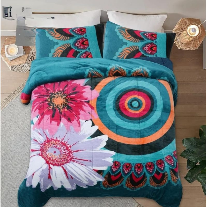GENERICO - Cobertor Plush con chiporro Turquesa con Flores 2 plazas