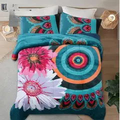GENERICO - Cobertor Plush con chiporro Turquesa con Flores 2 plazas