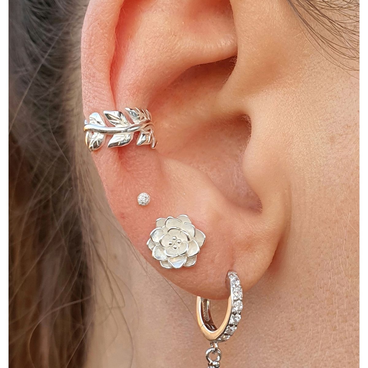 GENERICO - Aro a presion de plata hoja  plata 925 arete cuff