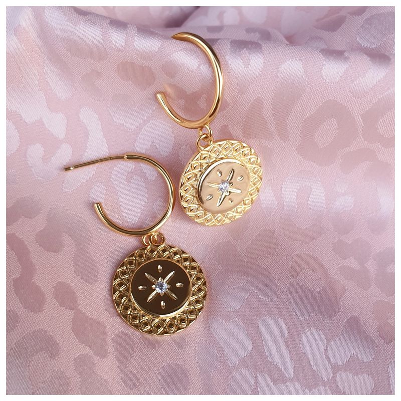 GENERICO - Aros Semi argollas mandala doradas plata 925 +   caja regalo