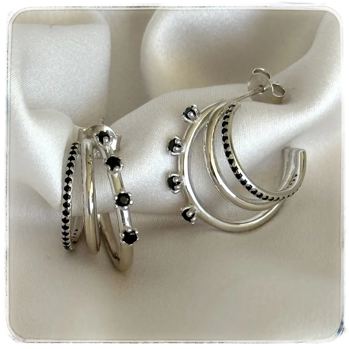GENERICO - Aros mujer argollas triples  negras plata 925 + cajita