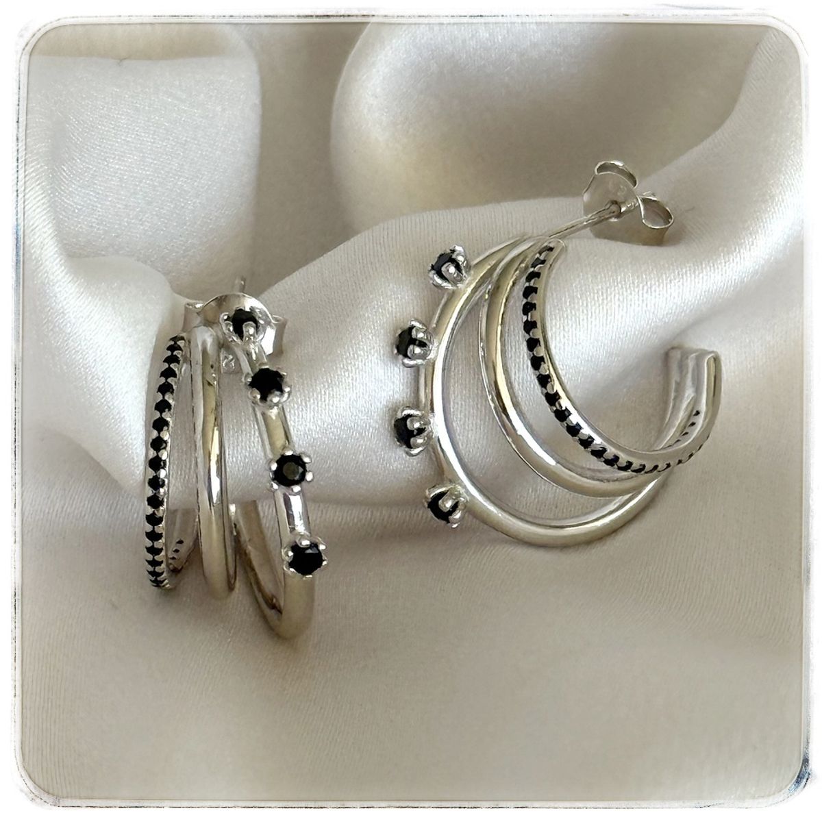 GENERICO - Aros mujer argollas triples  negras plata 925 + cajita