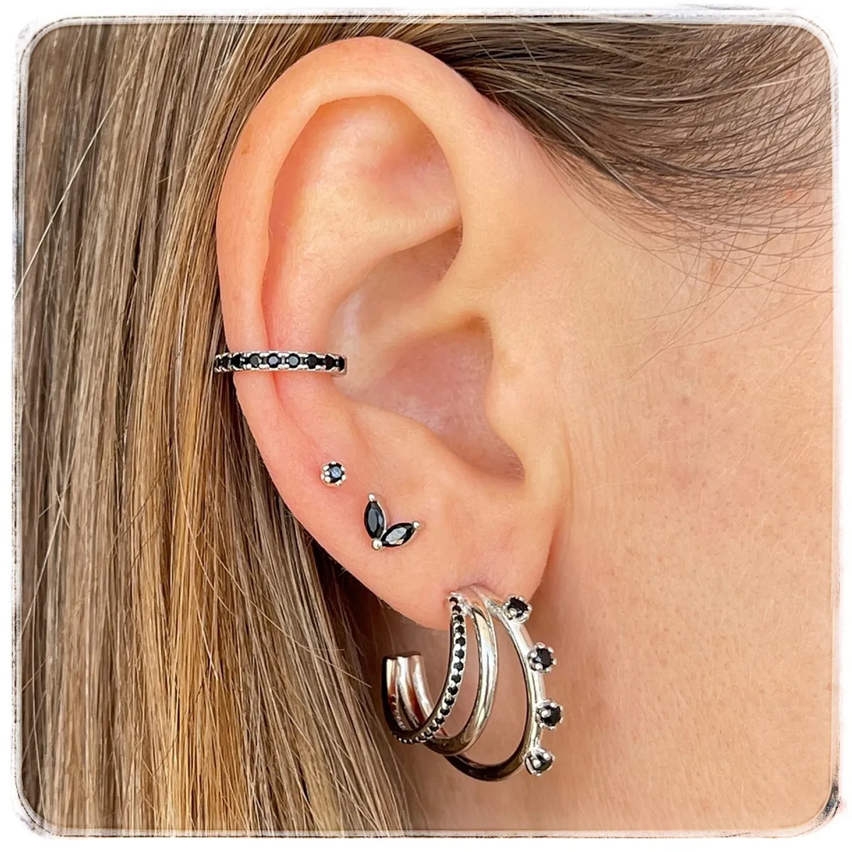 GENERICO - Aros mujer argollas triples  negras plata 925 + cajita