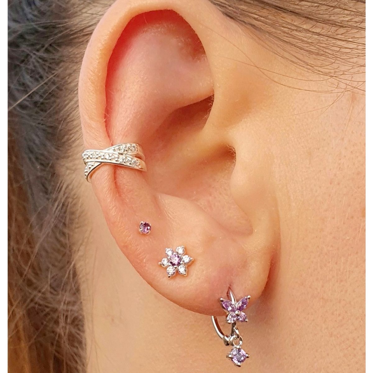 GENERICO - Conjunto de aros de plata Mariposa lila morados  caja regalo