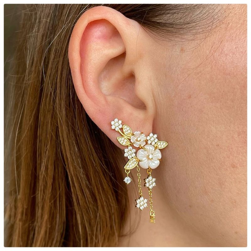 GENERICO - Aro Novia dorados flores nacar plata 925 + oro 18 k