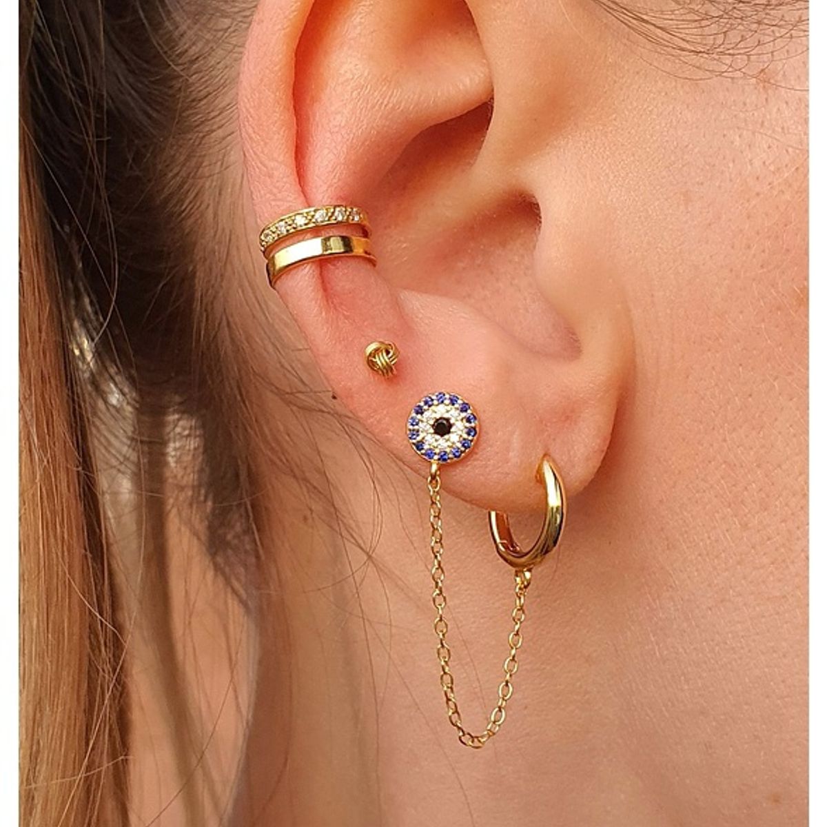 GENERICO - Aros Argolla dorada con Ojo turco Plata 925 chapada en oro 18 k