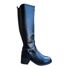 GENERICO - Botas Largas De Cuero PU Bucaneras Mujer Casual Negro - 7132