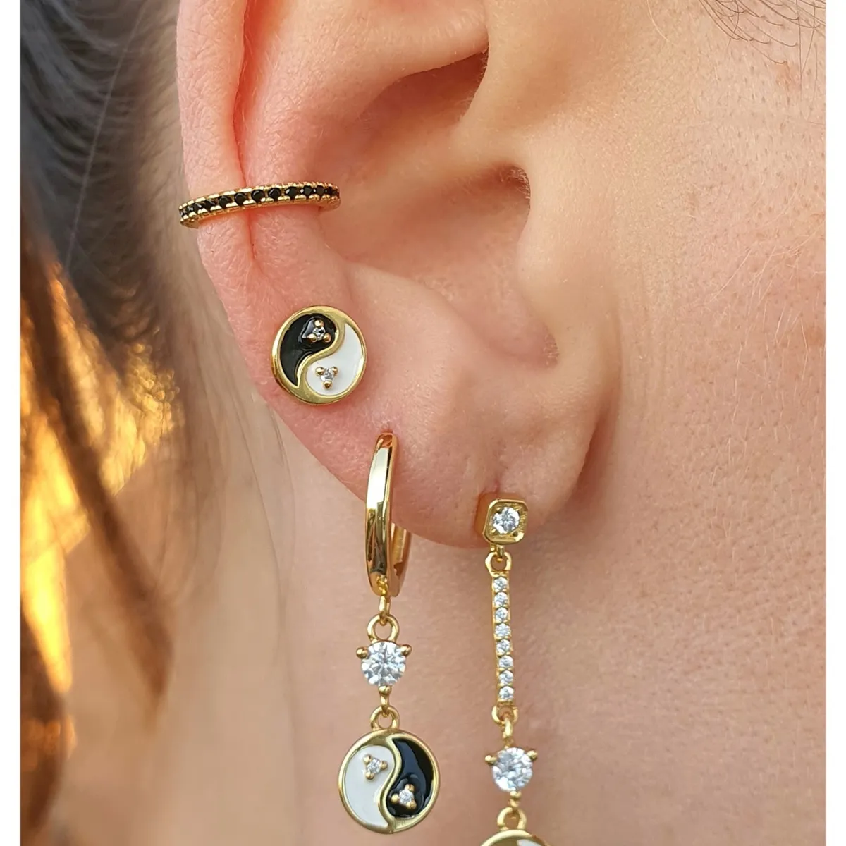 GENERICO - Aros Yin yang dorados hombre mujer unisex plata 925 chapada en oro