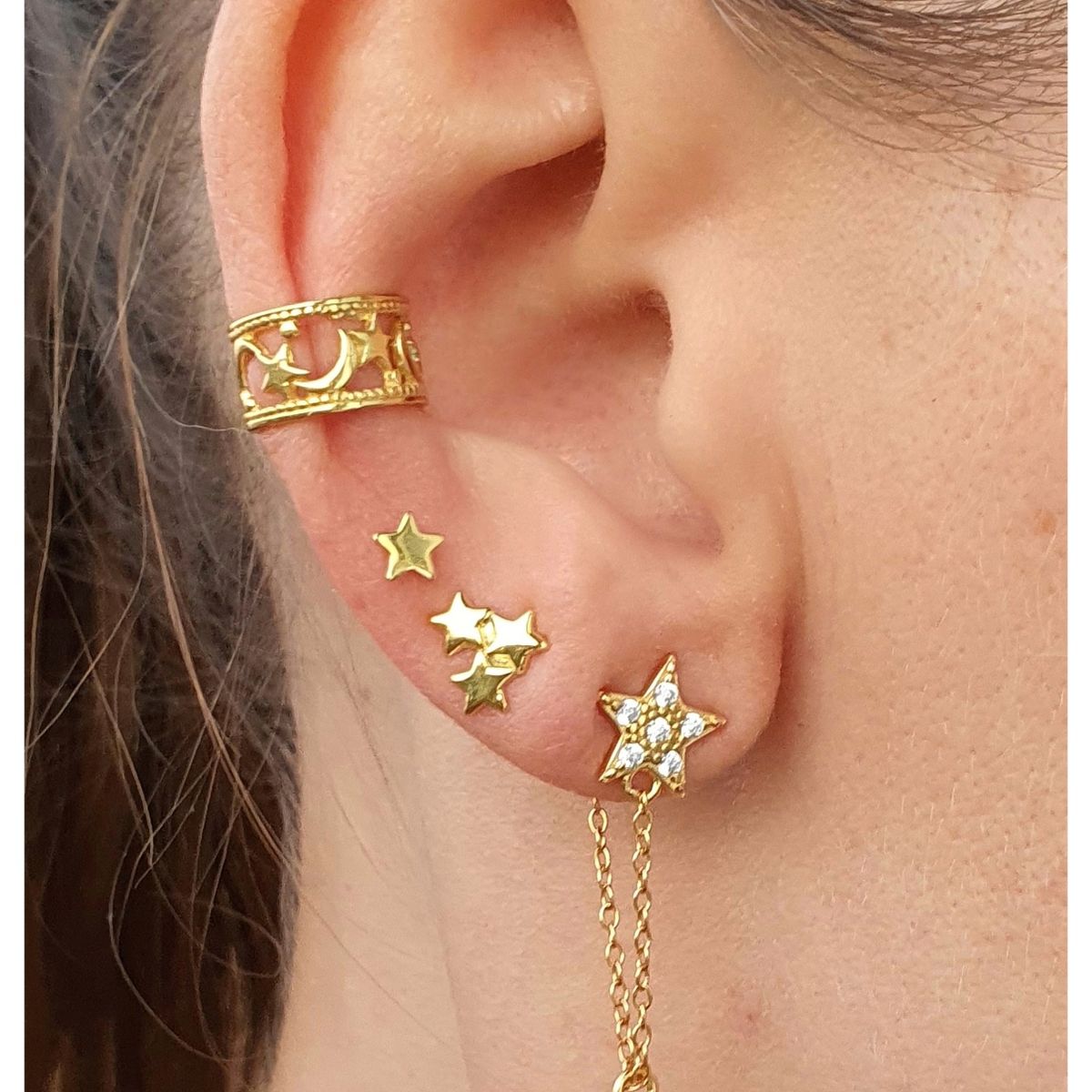 GENERICO - Aros Luna y estrella de plata chapada en oro