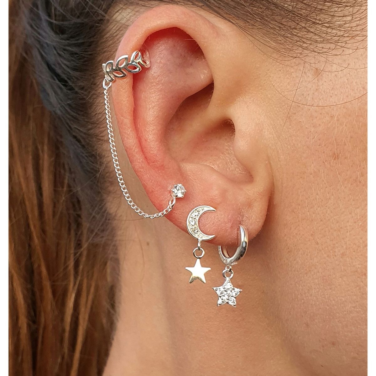 GENERICO - Aro Punto de luz con cuff argolla falsa  hombre Mujer Plata 925