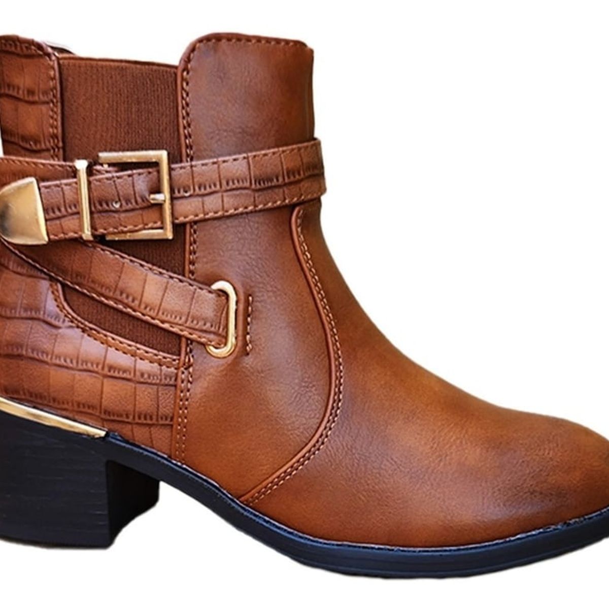 GENERICO - Botines Cuero PU Media Caña Mujer Casual Otoño Invierno Camel - 7137