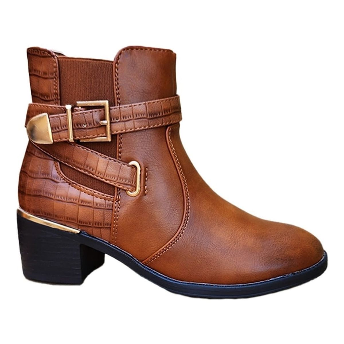 GENERICO - Botines Cuero PU Media Caña Mujer Casual Otoño Invierno Camel - 7137