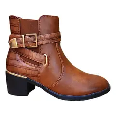 GENERICO - Botines Cuero PU Media Caña Mujer Casual Otoño Invierno Camel - 7137