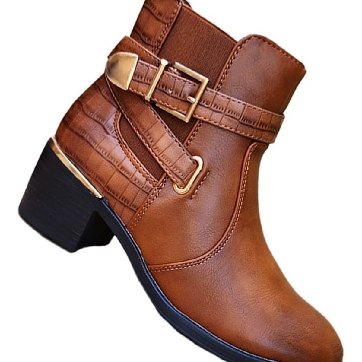 GENERICO - Botines Cuero PU Media Caña Mujer Casual Otoño Invierno Camel - 7137