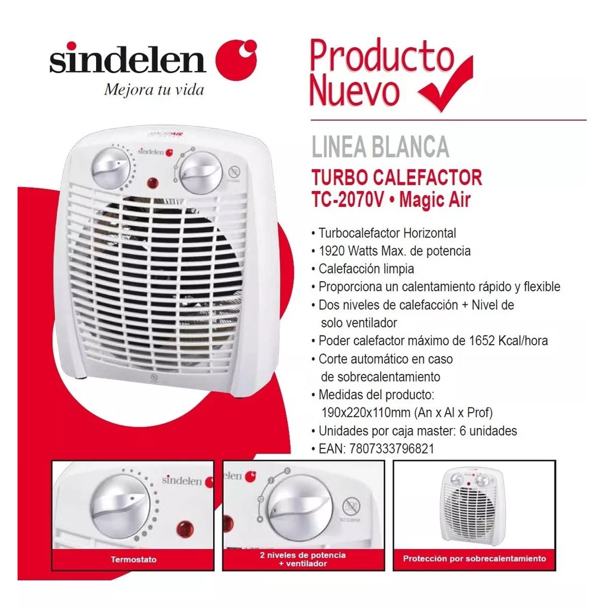 SINDELEN - Termoventilador Turbo Calefactor Estufa Sindelen TC-2070V 25m2 1920W