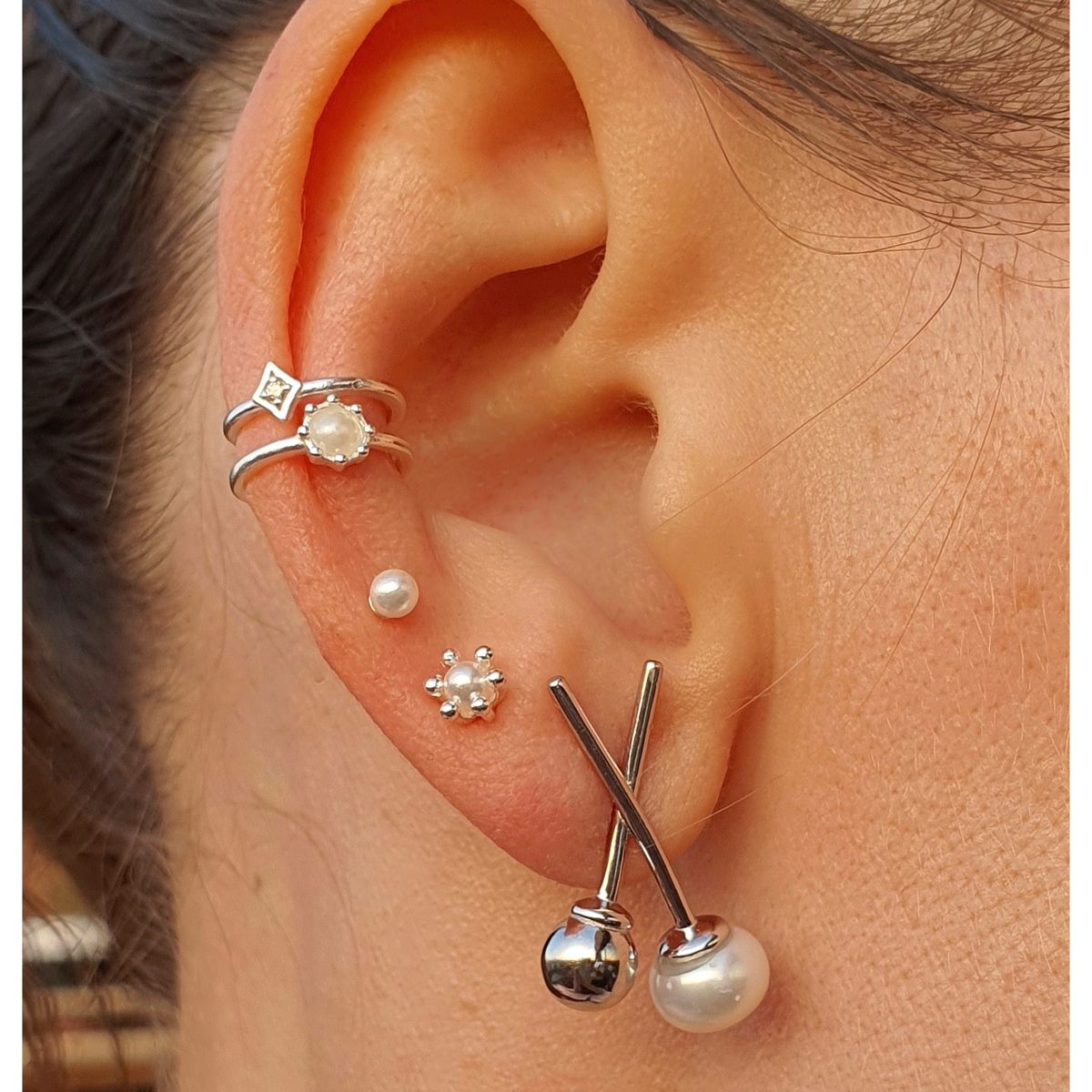 GENERICO - Aros  de perlas cruzadas plata 925 libres de Níquel