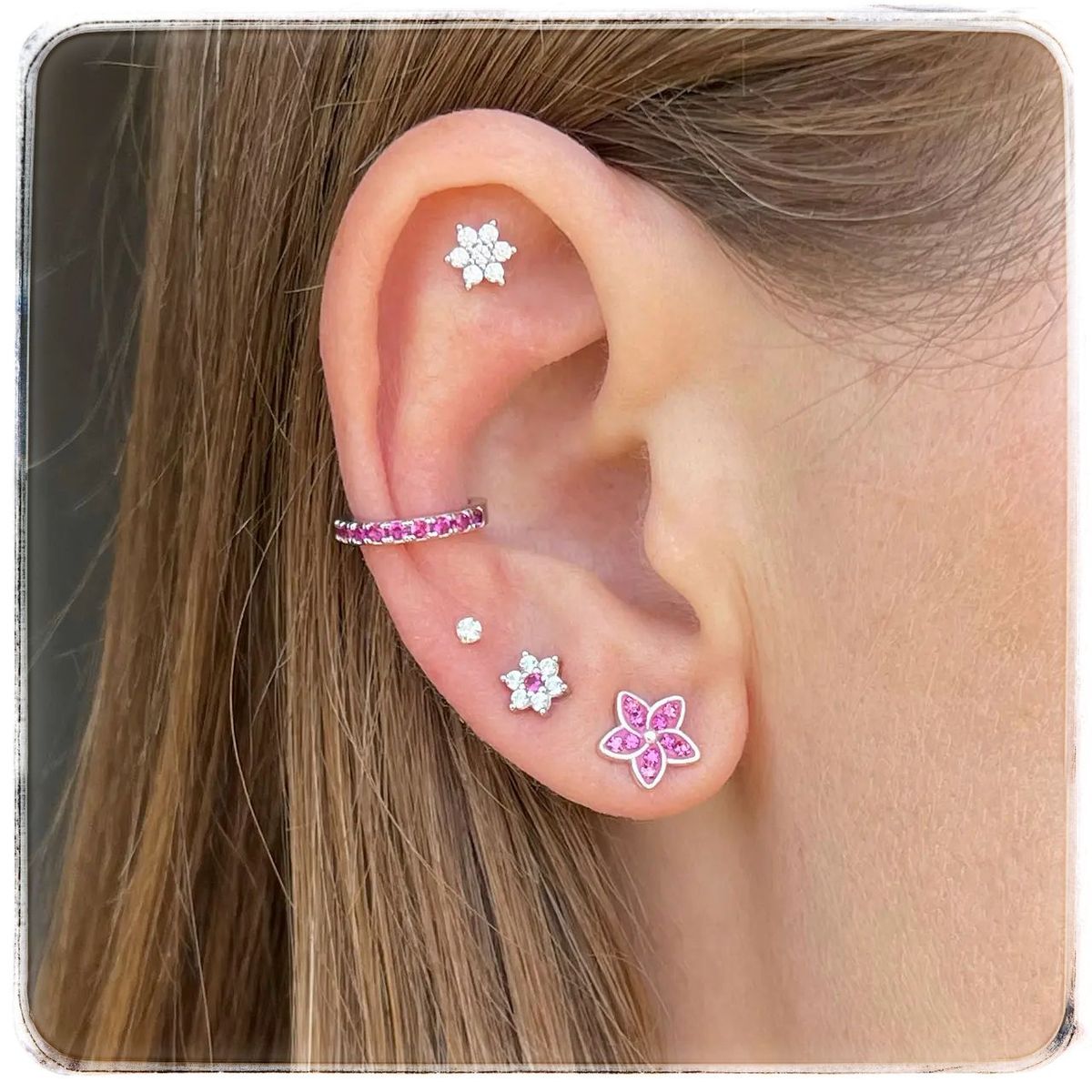 GENERICO - Aros mujer plata Flor fucsia