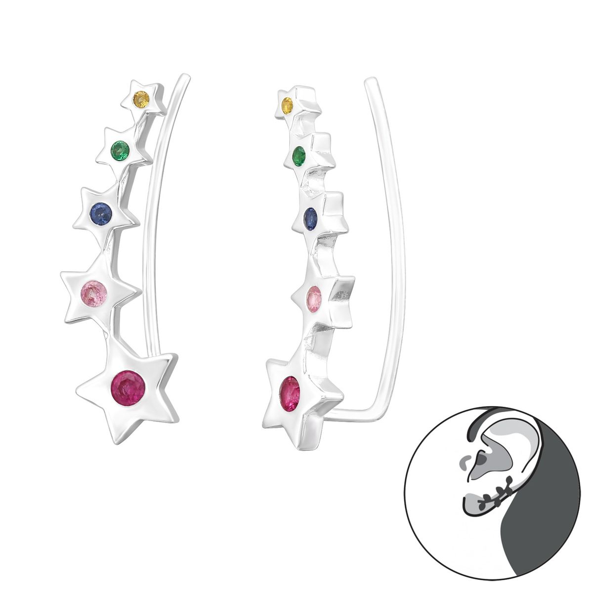 GENERICO - Aros mujer plata Trepadores estrellas multicolor